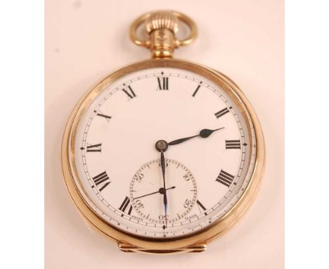 A George V 9ct gold cased gent's open faced pocket watch, having white enamel dial with Roman numerals, subsidiary seconds di
