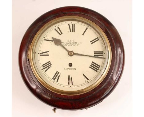 An oak cased circular dial wall clock, the white enamel dial signed 'S.I.R. J. No Walker Ltd, 63 New Bond Street, London', ha