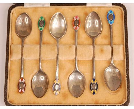 A cased set of six Art Deco silver and enamel coffee spoons, each with different coloured enamel set terminals, maker William