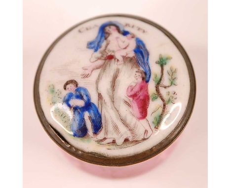 A late 18th century English enamel circular patch box, having screw-off metal mounted lid, the lid enamel decorated in polych