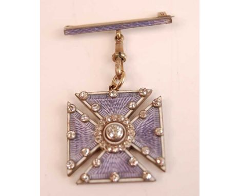 A yellow and white metal, diamond and enamel pendant brooch in the form of a Maltese cross, suspended below a 30mm bar with a