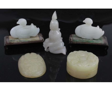 Five carved Nephrite 'mutton fat' jade carved pieces, comprising two duck figures drilled and on fitted hardwood stands (one 