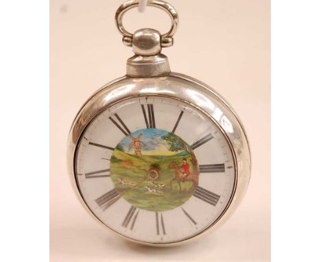 B. Boston of London - an early Victorian silver pair-cased gent's open faced pocket watch, the enamel dial decorated with a c