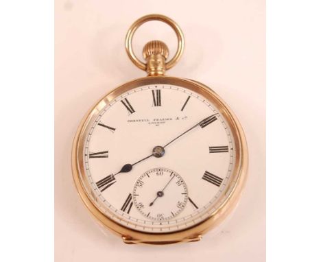 Grenfell Frazier &amp; Co of London - a 9ct gold cased gent's open faced pocket watch, having a signed white enamel Roman dia