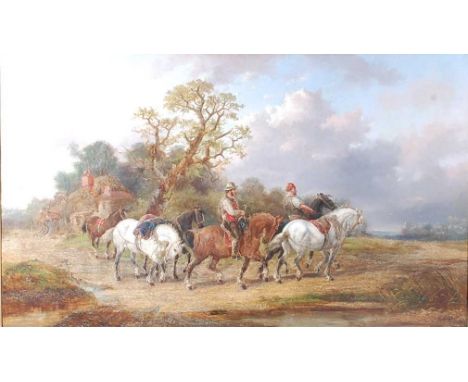 Alexis de Leeuw (Belgian c1822-1900) - Travellers with a string of horses in a landscape, oil on canvas, signed lower right, 