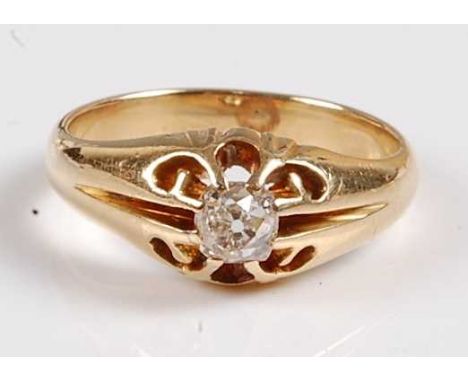 A yellow metal diamond single stone ring, featuring an Old European cut diamond in a scalloped claw setting, diamond dimensio