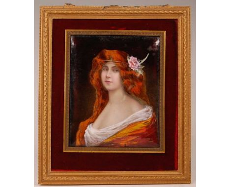 Dorval - a French Fin de siècle enamel on copper portrait miniature, as a bust of a red-headed maiden with pink rose in her h