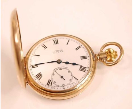 An Uno gent's 9ct gold cased half hunter pocket watch, having a signed white enamel Roman dial with subsidiary seconds dial, 