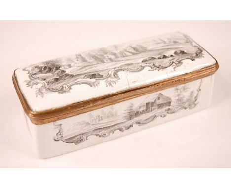 An 18th century enamel on gilt metal snuff box, probably German circa 1770, of rectangular form, decorated in monochrome to a