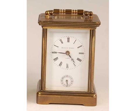 Matthew Norman of London, a lacquered brass cased carriage clock, having signed white enamel Roman dial with subsidiary alarm