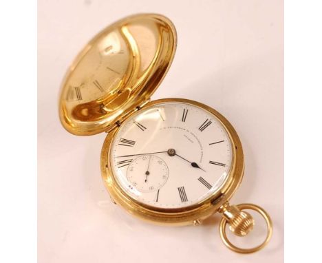 A late Victorian 18ct gold cased gent's full hunter pocket watch, having plain case, signed white enamel Roman dial with subs