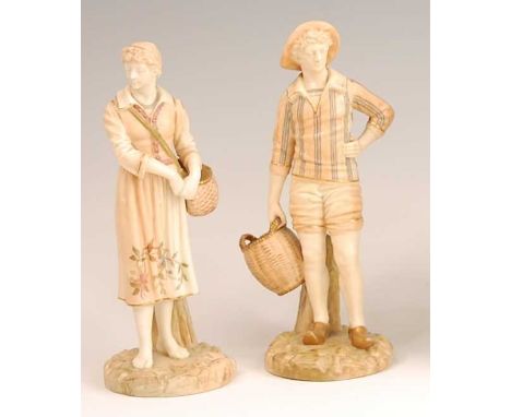 A pair of Royal Worcester blush ground figures modelled as the French Fisherman and his Companion, each holding a basket and 