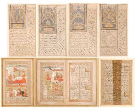 A collection of framed Indo-Persian illuminated manuscript pages, probably 19th century, four appear to be from the same publ