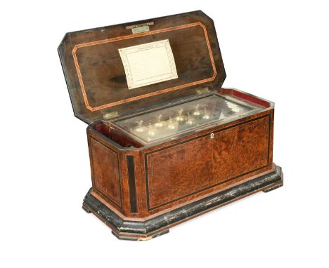Samuel Troll Fils, A Swiss amboyna crank-wind cylinder music box, 19th century, with nine bells-in-sight playing ten airs on 
