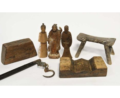 Three Chinese wood headrests/stools, Qing Dynasty, 19th century, a brass mounted Chinese balance weighing stick/beam, circa 1