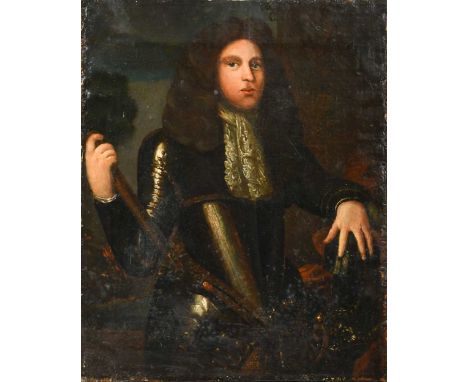 Manner of John Riley Portrait of a military commander, half length, in armour holding a batonoil on canvas, unframed47.5 x 39