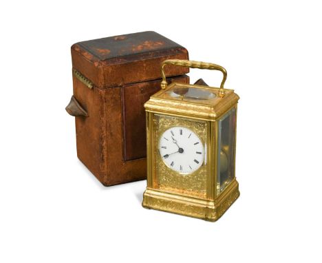 A French repeating carriage clock, circa 1860, the engraved gilt gorge case with platform lever escapement, 5.5cm enamelled d