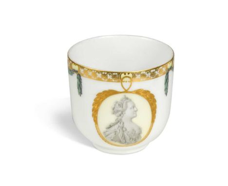 A Berlin porcelain coffee cup, painted en grisaille with a portrait of Catherine II of Russia, on a lemon ground body in a gi