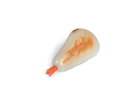 A Chinese mutton fat jade pebble snuff bottle, Qing Dynasty, 19th century, with russet skin inclusions, coral stopper7.8cm hi