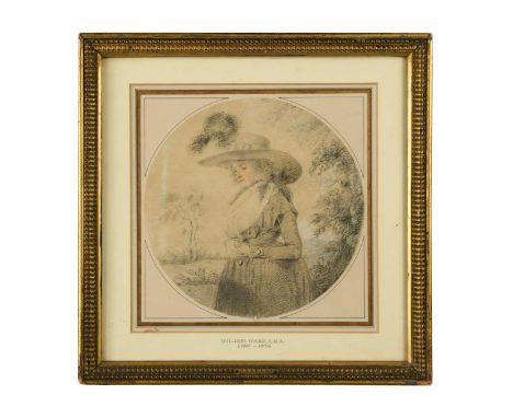 William Ward (British, 1766-1826) Portrait of a lady in a feathered hat, standing in a landscape with hands claspedblack and 