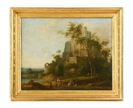Follower of Francesco Zuccarelli Figures fording a stream before the ruins of an ancient fortress oil on canvas32.5 x 41cmPro