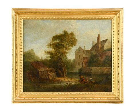Circle of John Crome (British, 1768-1821) Figures beside water before a walled manor houseoil on canvas32.5 x 41cmProvenance: