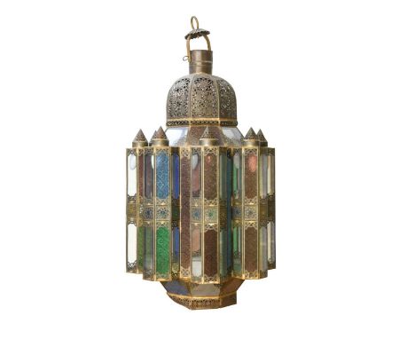 A North African glass lantern, 20th century, decorated with pierced metal work and coloured glass panels, adapted for electri