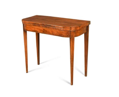 A George III mahogany and satinwood strung card table, the D-shaped fold over top enclosing a baize-lined playing surface rai