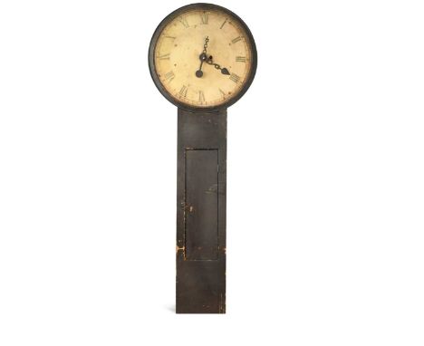 A Tavern timepiece wall clock, early 19th century, the 24" painted sheet metal dial with Roman numerals, the square brass mov