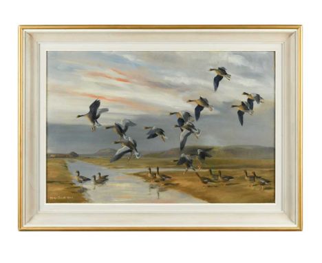 § Sir Peter Markham Scott (British, 1909-1989) Greylags Alighting, 'Brogden' marsh, Cumbriasigned and dated 'Peter Scott 1941