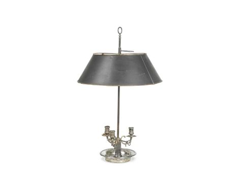 An electroplate and toleware bouillotte lamp, 19th century, with height adjustable shade and three branch lamp66cm high