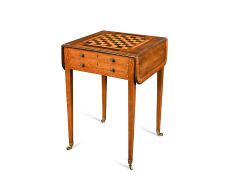 A marquetry games table, 19th century, the inlaid chess board top slides to reveal a backgammon board in the recess below, wi