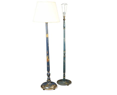 Two similar chinoiserie blue and gilt standard lamps, 20th century, each with turned column on a circular base decorated with