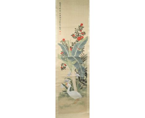 A Group of five Japanese scroll paintings, late 19th and early 20th century, subjects including geese, chickens and chicks an