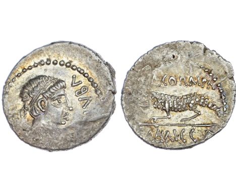 Kings of Mauretania, Juba II, with Cleopatra Selene (25 BC – AD 24) AR Denarius, mint of Caesarea, (c. AD 16-17), 2.97g. REX 