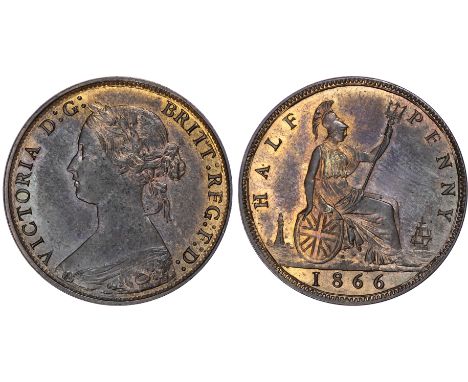 Victoria (1837-1901), Halfpenny, 1866, young draped bust left, legend surrounding, VICTORIA DG BRITT REG FD, toothed outer bo