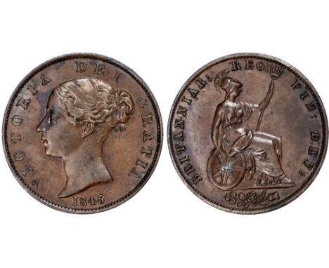 Victoria (1837-1901), Halfpenny, 1845, young filleted head left, W.W. on truncation for engraver William Wyon, date below, le