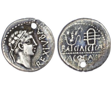 Kings of Mauretania, Juba II, with Cleopatra Selene (25 BC – AD 24) AR Denarius, mint of Caesarea, 2.45g. REX IVBA, diademed 