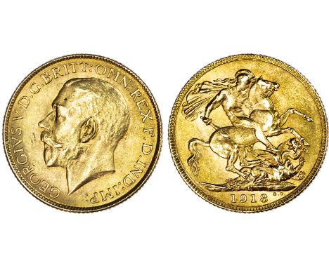 George V (1910-1936), Sovereign, 1918, Bombay Mint, India, bare head left. Rev, Saint George slaying the dragon, date below, 