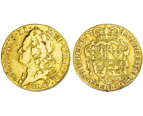 George II (1727-60), Guinea, 1745 lima, intermediate laureate head left, reverse crowned garnished shield, 8.30g (EGC 606; S.