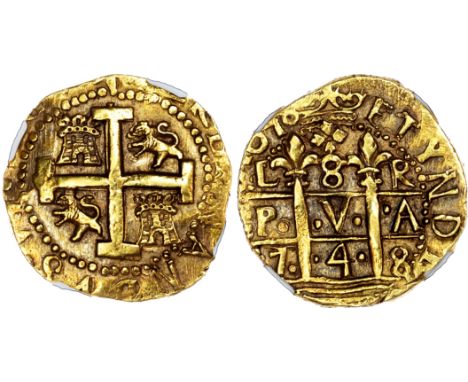 Peru (colonial), Ferdinand VI (1746-1759), gold Cob 8 Escudos, 1748 R, Lima, cross with lions and castles in quarters. Rev. P