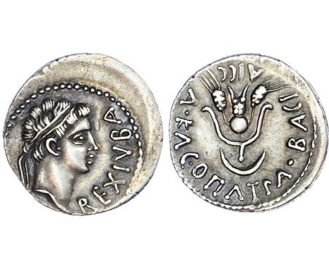 Kings of Mauretania, Juba II, with Cleopatra Selene (25 BC – AD 24) AR Denarius, mint of Caesarea, 2.71g. REX IVBA, diademed 