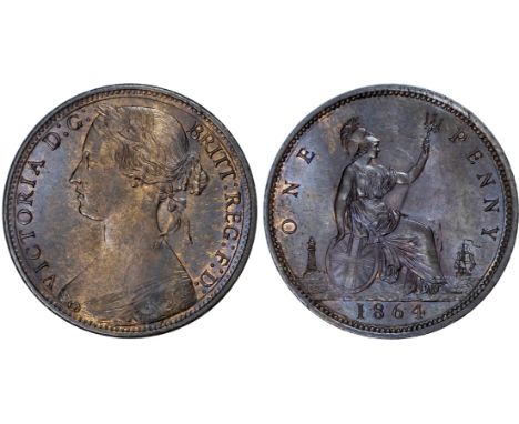 Victoria (1837-1901), Penny, 1864, Crosslet 4 variety, toothed border, young head left, reverse Britannia seated, with shield