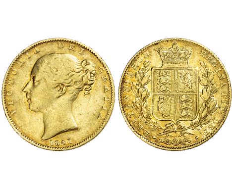 Victoria (1837-1901), Sovereign, 1841, unbarred A's in GRATIA, fi rst young head left, raised W.W. on truncation, reverse cro