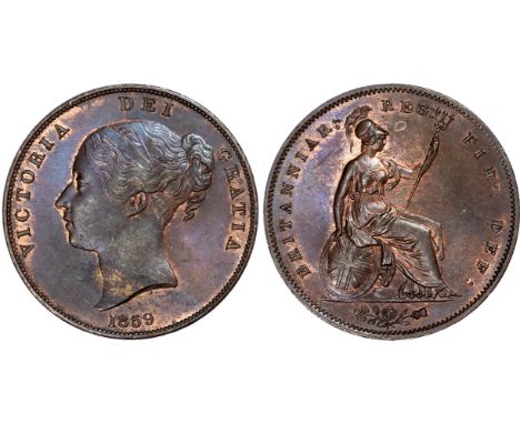 Victoria (1837-1901), Penny, 1859, ornamental trident, young head left date below, no w.w. on truncation. Reverse Britannia w