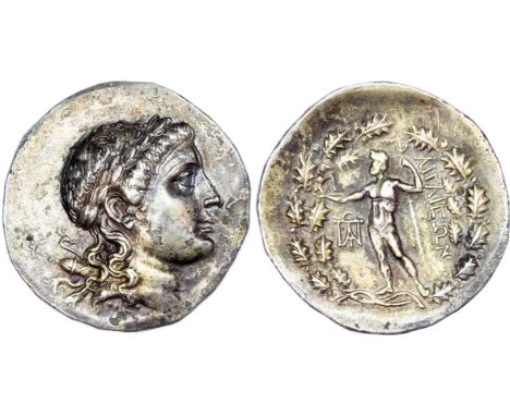 Aeolis, Aigai (c. 151-143 BC) AR Tetradrachm, Stephanophoric type, 16.63g. Wreathed head of Apollo Smintheos facing right, bo