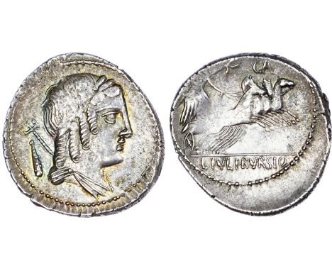 L. Julius Bursio (85 BC) AR Denarius, Rome, 3.75g. Laureate, winged and draped bust of Apollo Vejovis facing right, trident a