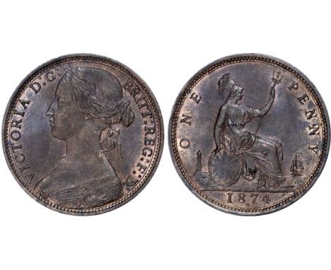Victoria (1837-1901), Penny, 1874H, Heaton Mint, toothed border, young head left, reverse Britannia seated, with shield and t