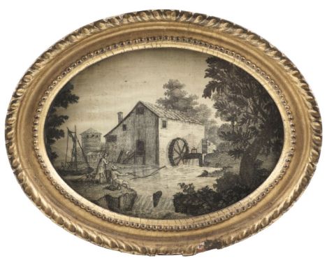 * Embroidered picture. An oval blackwork picture, circa 1780, finely hand-stitched with black silk thread, with some details 