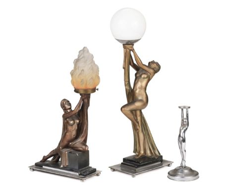 * Art Deco. An art deco style female nude table lamp, the gold painted plaster figure of a woman supporting a long drape, the